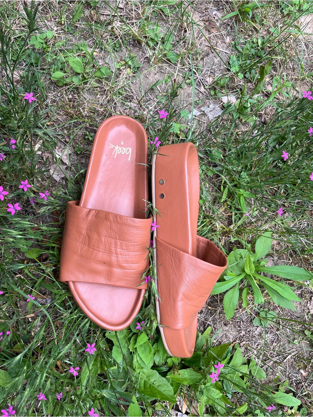 beek Tan Leather Slide Sandals